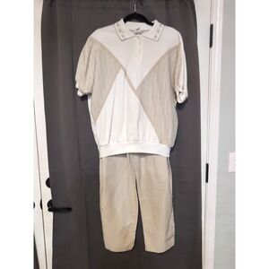 Cricket Lane 2 Piece Set, Women's Large Polo‎ Shirt & Pants, White Tan Geometric